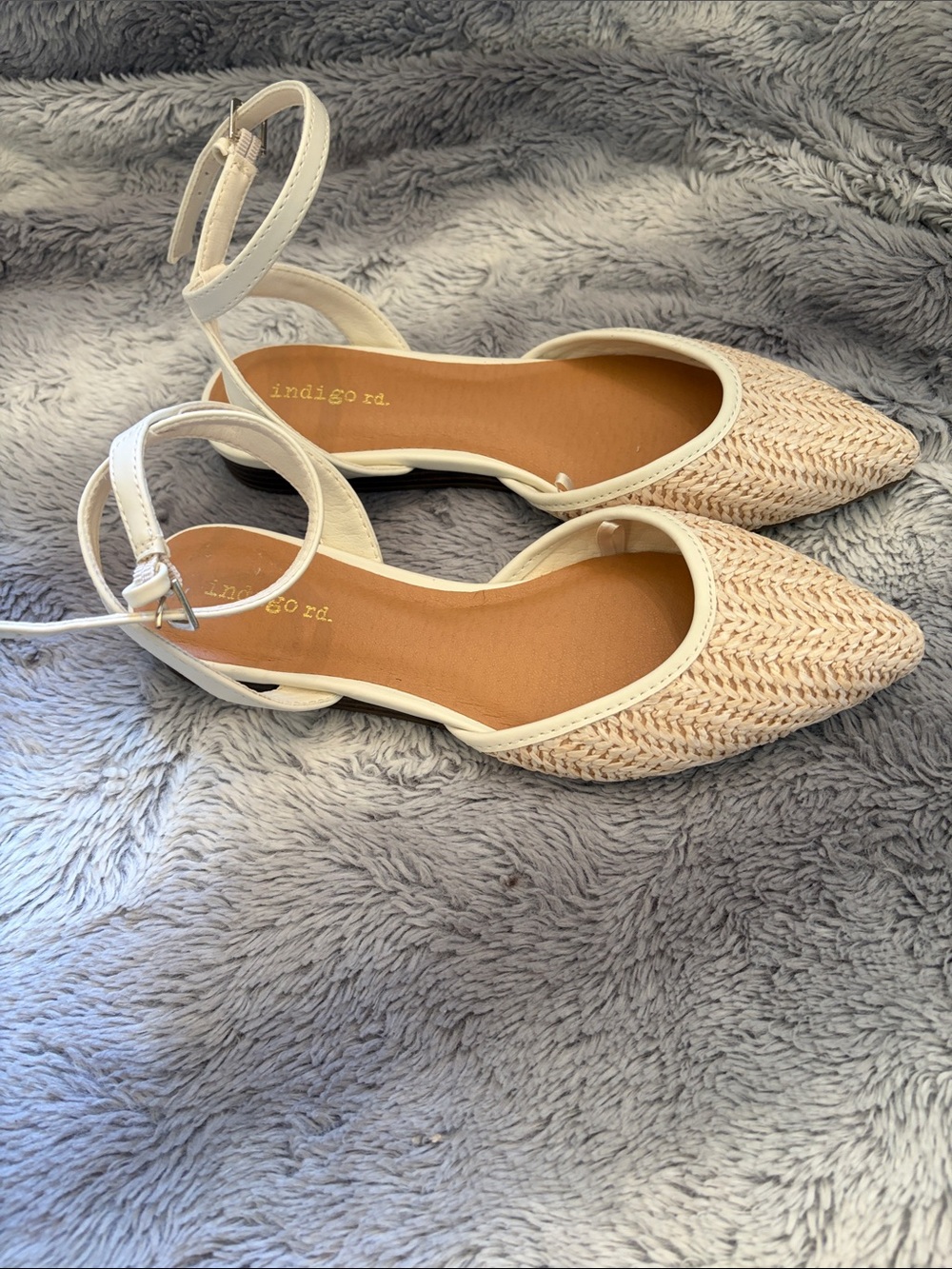 Indigo Cream Woven Pointed Ankle-Strap Flats with White Trim